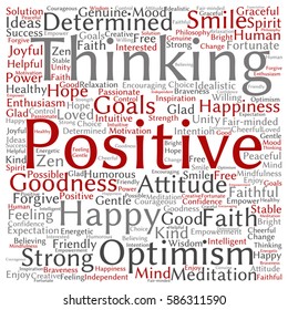 Vector concept or conceptual positive thinking, happy or strong attitude square word cloud isolated on background metaphor to optimism, smile, faith, goals, courageous, goodness, happiness inspiration