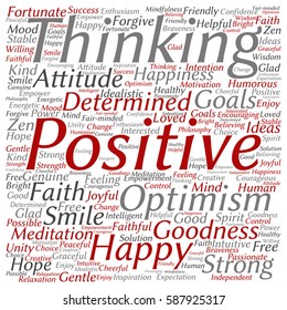 Vector concept or conceptual positive thinking, happy or strong attitude square word cloud isolated on background metaphor to optimism, smile, faith, goals, courageous, goodness, happiness inspiration