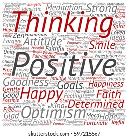 Vector concept or conceptual positive thinking, happy or strong attitude square word cloud isolated on background metaphor to optimism, smile, faith, goals, courageous, goodness, happiness inspiration