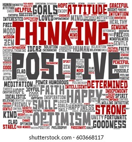 Vector concept or conceptual positive thinking, happy or strong attitude square word cloud isolated on background metaphor to optimism, smile, faith, goals, courageous, goodness, happiness inspiration