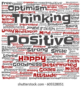 Vector concept or conceptual positive thinking, happy or strong attitude square word cloud isolated on background metaphor to optimism, smile, faith, goals, courageous, goodness, happiness inspiration