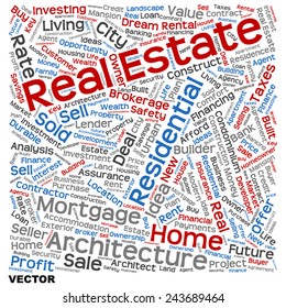 Concepto vectorial o inmueble conceptual o textura de la palabra nube tagcloud aislado en segundo plano, metáfora a la inversión, familia, hogar, construcción, venta, residencial, inmueble, empresa de construcción