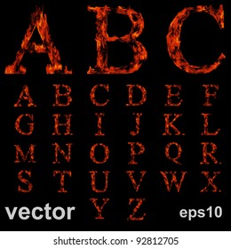 Conceito vetorial ou fontes conceituais de fogo vermelho queimando isoladas em fundo preto, ideais para férias, vintage ou projetos industriais. É um conjunto, grupo ou coleção letras em chamas vermelho e laranja