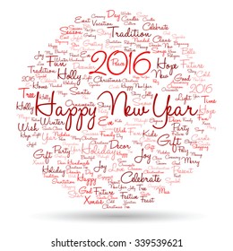 Vector concept or conceptual red Happy New Year 2016 Christmas abstract holiday word cloud isolated on background, metaphor to happy, celebrate, eve, festive, future, joy, december, wish, jolly Santa