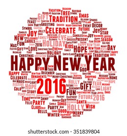 Vector concept or conceptual red Happy New Year 2016 Christmas abstract holiday word cloud isolated on background metaphor to happy, celebrate, eve, festive, future, joy, december, wish, jolly Santa