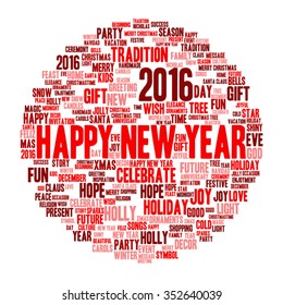 Vector Concept or conceptual red Happy New Year 2016 Christmas abstract holiday word cloud isolated on background metaphor to happy, celebrate, eve, festive, future, joy, december, wish, jolly Santa