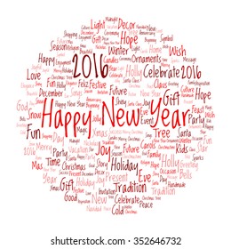 Vector concept or conceptual red Happy New Year 2016 Christmas abstract holiday word cloud isolated on background  metaphor to happy, celebrate, eve, festive, future, joy, december, wish, jolly Santa