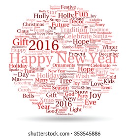 Vector concept or conceptual red Happy New Year 2016 Christmas abstract holiday word cloud isolated on background  metaphor to happy, celebrate, eve, festive, future, joy, december, wish, jolly Santa
