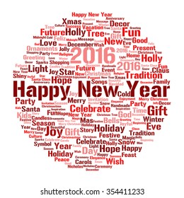 Vector concept or conceptual red Happy New Year 2016 Christmas abstract holiday word cloud isolated on background metaphor to happy, celebrate, eve, festive, future, joy, december, wish, jolly Santa