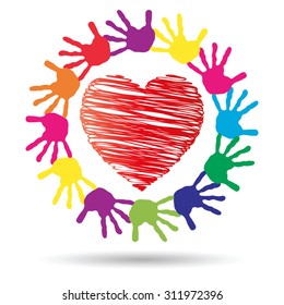 Vector concept or conceptual red heart symbol with child human hand prints spiral circle isolated on white background, metaphor to love, care, friendship, happy, family, protection, romantic or safety