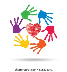 Vector concept or conceptual red heart symbol with child human hand prints spiral circle isolated on white background, metaphor to love, care, friendship, happy, family, protection, romantic or safety