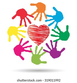 Concepto vectorial o símbolo conceptual de corazón rojo con la mano humana infantil imprime círculo espiral aislado en fondo blanco, metáfora al amor, cuidado, amistad, feliz, familia, protección, romántico o seguridad