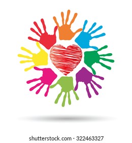 Conceito vetorial ou símbolo conceitual de coração vermelho com a mão humana criança imprime círculo espiral isolado no fundo branco, metáfora para o amor, cuidado, amizade, feliz, família, proteção, romântico ou segurança