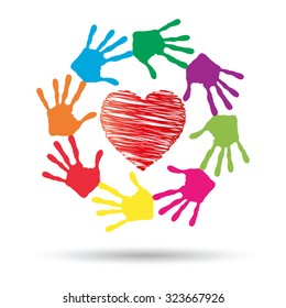 Vector concept or conceptual red heart symbol with child human hand prints spiral circle isolated on white background, metaphor to love, care, friendship, happy, family, protection, romantic or safety