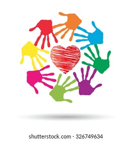 Vector concept or conceptual red heart symbol with child human hand prints spiral circle isolated on white background, metaphor to love, care, friendship, happy, family, protection, romantic or safety