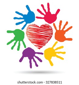 Concepto vectorial o símbolo conceptual de corazón rojo con la mano humana infantil imprime círculo espiral aislado en fondo blanco, metáfora al amor, cuidado, amistad, feliz, familia, protección, romántico o seguridad