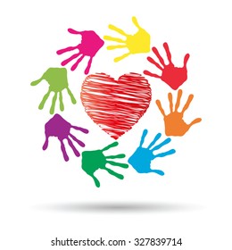 Vector concept or conceptual red heart symbol with child human hand prints spiral circle isolated on white background, metaphor to love, care, friendship, happy, family, protection, romantic or safety