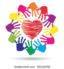 Vector concept or conceptual red heart symbol with child human hand prints spiral circle isolated on white background, metaphor to love, care, friendship, happy, family, protection, romantic or safety