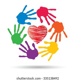 Vector concept or conceptual red heart symbol with child human hand prints spiral circle isolated on white background, metaphor to love, care, friendship, happy, family, protection, romantic or safety
