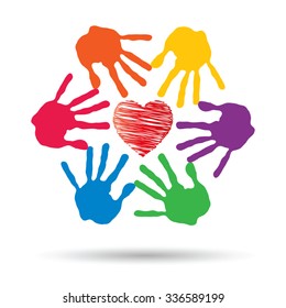 Vector concept or conceptual red heart symbol with child human hand prints spiral circle isolated on white background, metaphor to love, care, friendship, happy, family, protection, romantic or safety