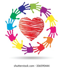 Vector concept or conceptual red heart symbol with child human hand prints spiral circle isolated on white background, metaphor to love, care, friendship, happy, family, protection, romantic or safety
