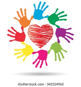 Vector concept or conceptual red heart symbol with child human hand prints spiral circle isolated on white background, metaphor to love, care, friendship, happy, family, protection, romantic or safety