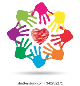 Vector concept or conceptual red heart symbol with child human hand prints spiral circle isolated on white background, metaphor to love, care, friendship, happy, family, protection, romantic or safety