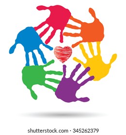 Vector concept or conceptual red heart symbol with child human hand prints spiral circle isolated on white background, metaphor to love, care, friendship, happy, family, protection, romantic or safety