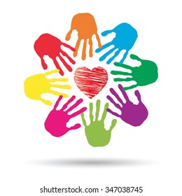 Vector concept or conceptual red heart symbol with child human hand prints spiral circle isolated on white background, metaphor to love, care, friendship, happy, family, protection, romantic or safety