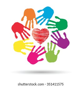 Vector concept or conceptual red heart symbol with child human hand prints spiral circle isolated on white background, metaphor to love, care, friendship, happy, family, protection, romantic or safety