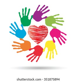 Vector concept or conceptual red heart symbol with child human hand prints spiral circle isolated on white background, metaphor to love, care, friendship, happy, family, protection, romantic or safety