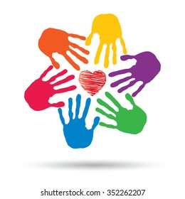 Vector concept or conceptual red heart symbol with child human hand prints spiral circle isolated on white background, metaphor to love, care, friendship, happy, family, protection, romantic or safety