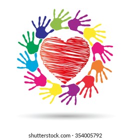 Vector concept or conceptual red heart symbol with child human hand prints spiral circle isolated on white background, metaphor to love, care, friendship, happy, family, protection, romantic or safety