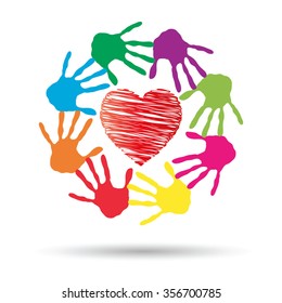 Vector concept or conceptual red heart symbol with child human hand prints spiral circle isolated on white background, metaphor to love, care, friendship, happy, family, protection, romantic or safety