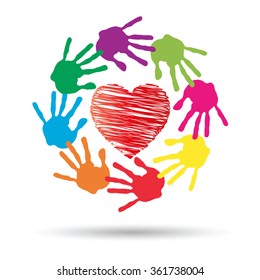 Vector concept or conceptual red heart symbol with child human hand prints spiral circle isolated on white background, metaphor to love, care, friendship, happy, family, protection, romantic or safety