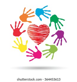 Vector concept or conceptual red heart symbol with child human hand prints spiral circle isolated on white background, metaphor to love, care, friendship, happy, family, protection, romantic or safety