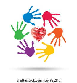 Vector concept or conceptual red heart symbol with child human hand prints spiral circle isolated on white background, metaphor to love, care, friendship, happy, family, protection, romantic or safety