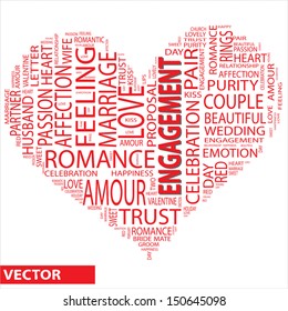 Vector concept or conceptual red wordcloud or text in shape of heart isolated on white background as metaphor to love,romance,passion,romantic,emotion,marriage,valentine,desire,friendship or affection