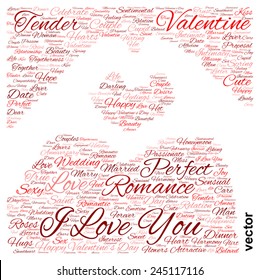 Vector concept or conceptual red wordcloud or text in shape of hand heart isolated on white background, metaphor to love, romance, passion, romantic, emotion, marriage, valentine, desire or affection