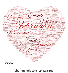 Vector concept or conceptual red wordcloud text in shape of heart symbol isolated on white background, metaphor to love, romance, passion, romantic, emotion, marriage, valentine, desire or affection