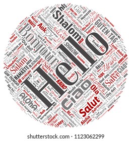 Vector concept or conceptual round circle red hello or greeting international tourism word cloud in different languages or multilingual. Collage of world, foreign, worldwide travel translate, vacation