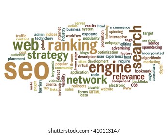 Vector concept or conceptual search engine optimization, seo abstract word cloud isolated on background, metaphor to marketing, web, internet, strategy, online, rank, result,  network, top, relevance