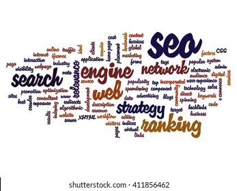 Vector concept or conceptual search engine optimization, seo abstract word cloud isolated on background, metaphor to marketing, web, internet, strategy, online, rank, result,  network, top, relevance