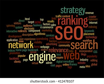 Vector concept or conceptual search engine optimization, seo abstract word cloud isolated on background, metaphor to marketing, web, internet, strategy, online, rank, result,  network, top, relevance