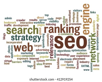 Vector concept or conceptual search engine optimization, seo abstract word cloud isolated on background, metaphor to marketing, web, internet, strategy, online, rank, result,  network, top, relevance