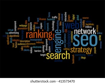 Vector concept or conceptual search engine optimization, seo abstract word cloud isolated on background, metaphor to marketing, web, internet, strategy, online, rank, result,  network, top, relevance