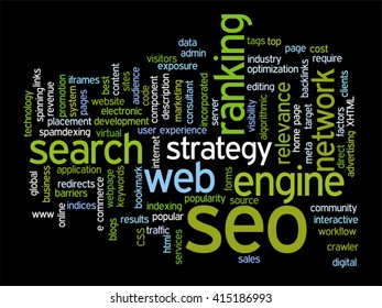 Vector concept or conceptual search engine optimization, seo abstract word cloud isolated on background, metaphor to marketing, web, internet, strategy, online, rank, result,  network, top, relevance