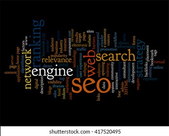 Vector concept or conceptual search engine optimization, seo abstract word cloud isolated on background, metaphor to marketing, web, internet, strategy, online, rank, result,  network, top, relevance