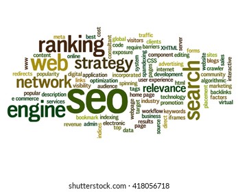 Vector concept or conceptual search engine optimization, seo abstract word cloud isolated on background, metaphor to marketing, web, internet, strategy, online, rank, result,  network, top, relevance