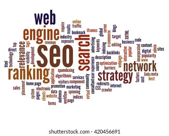 Vector concept or conceptual search engine optimization, seo abstract word cloud isolated on background, metaphor to marketing, web, internet, strategy, online, rank, result,  network, top, relevance